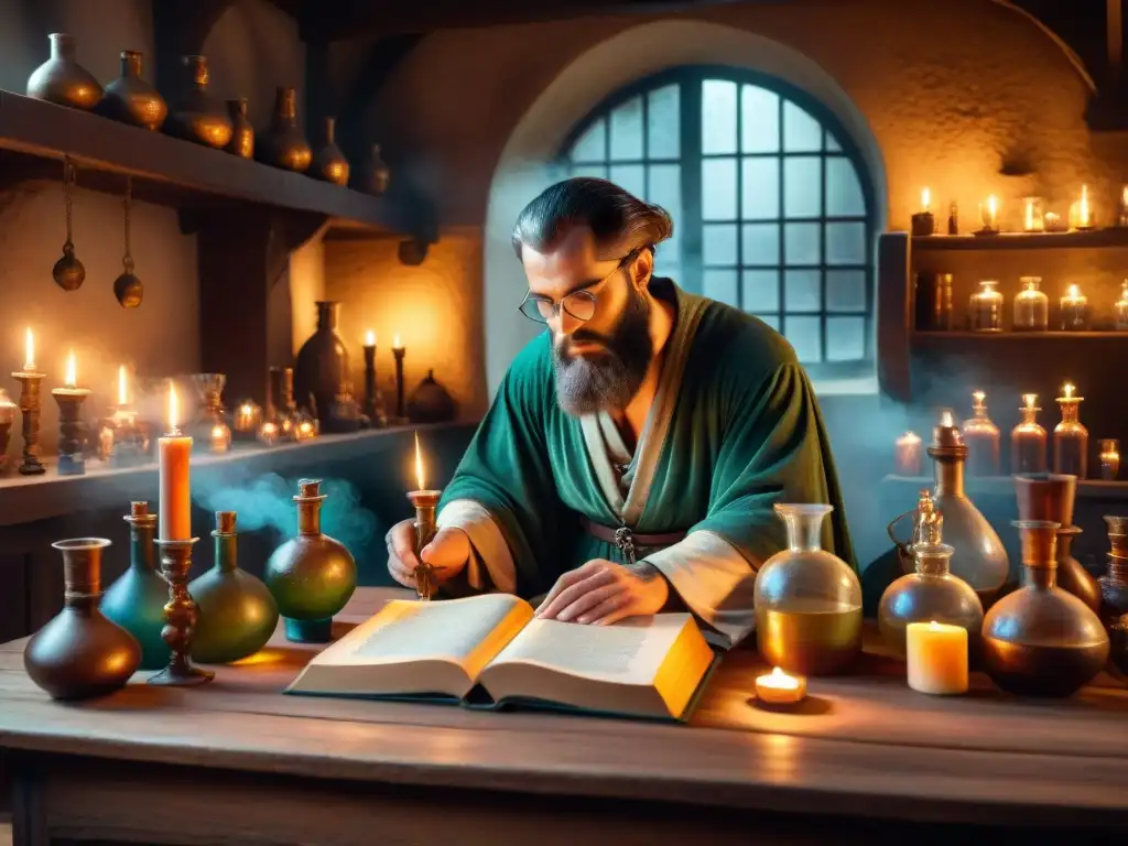 Un laboratorio alquímico medieval lleno de intrincados instrumentos de vidrio, ingredientes misteriosos y manuscritos antiguos