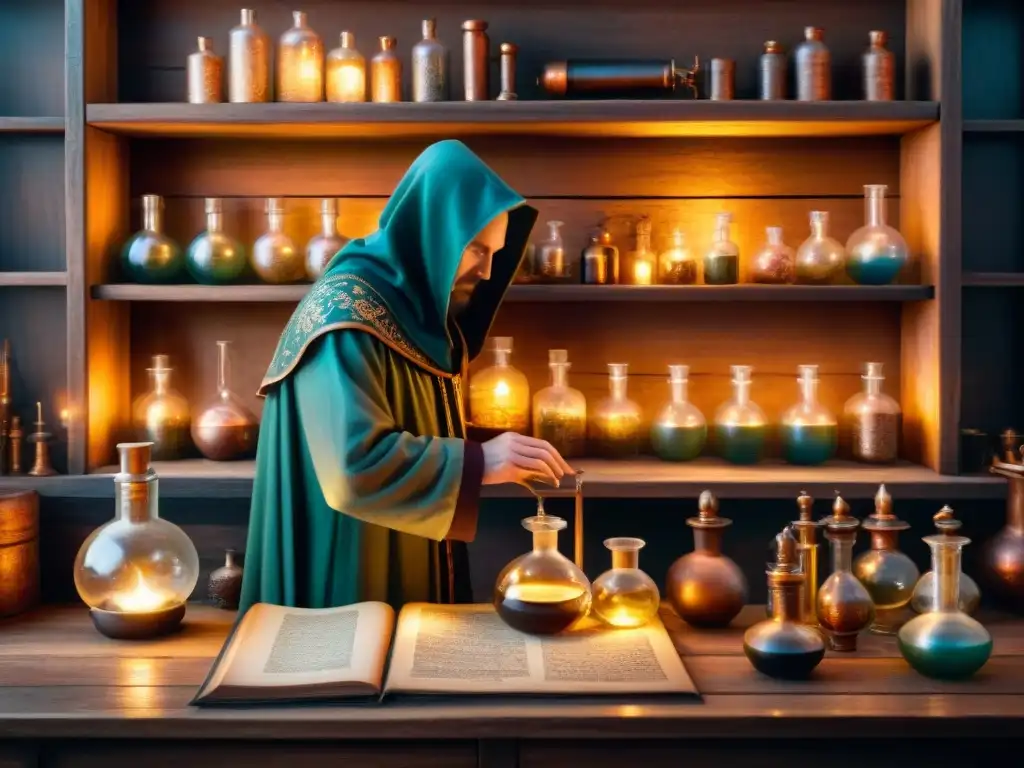 Un laboratorio alquímico medieval lleno de pociones burbujeantes, ingredientes misteriosos y textos antiguos iluminado por velas, con una figura encapuchada vertiendo líquido brillante entre frascos, capturando la esencia de la historia y evolución moderna de la alquim