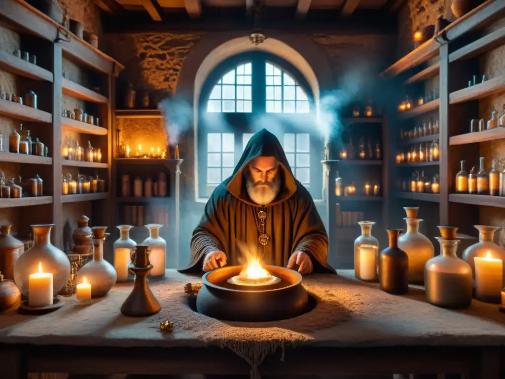 Un laboratorio alquímico medieval lleno de misterio y magia, con antiguos pergaminos, pociones burbujeantes y símbolos alquímicos