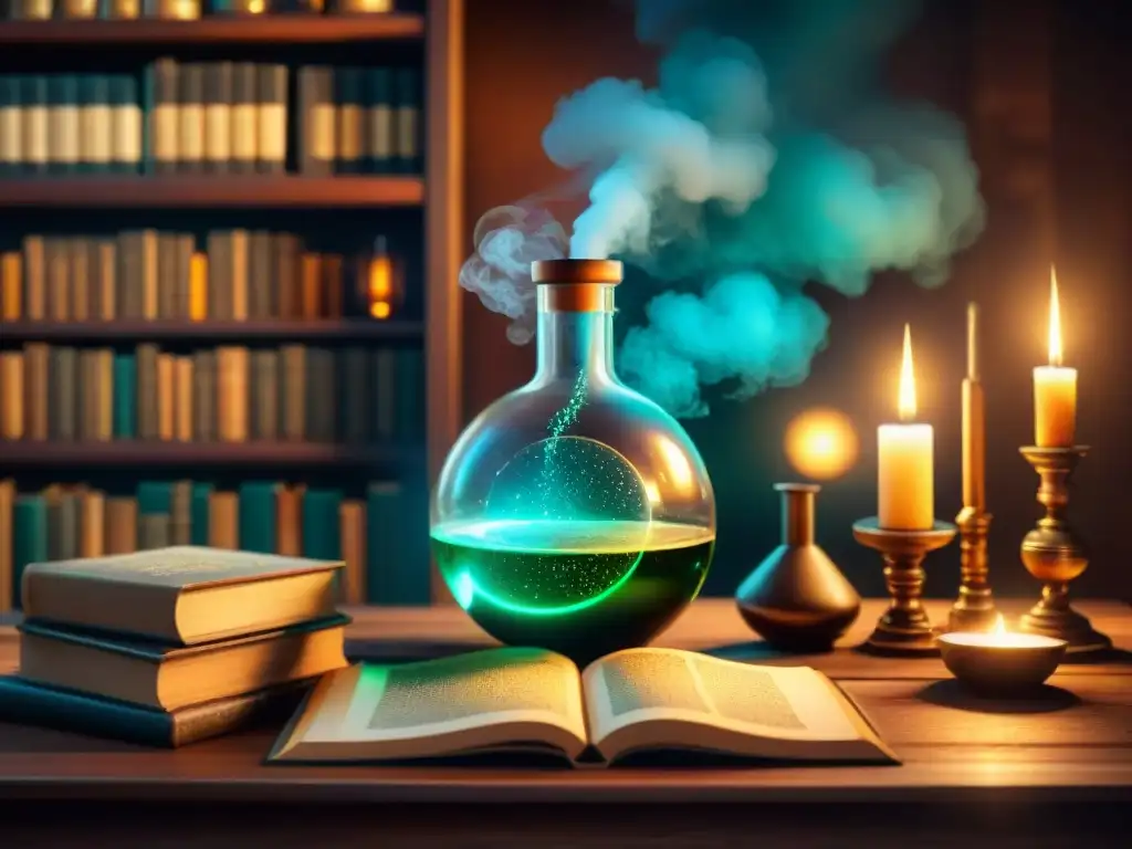 Un laboratorio alquímico misterioso con detalles intrincados, libros antiguos, símbolos brillantes y luz de velas