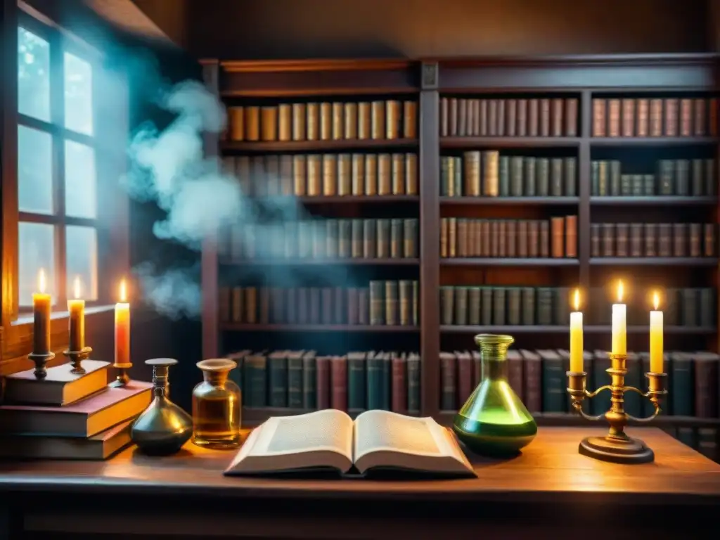 Un laboratorio alquímico misterioso con libros antiguos, pociones burbujeantes y velas, creando un ambiente intrigante