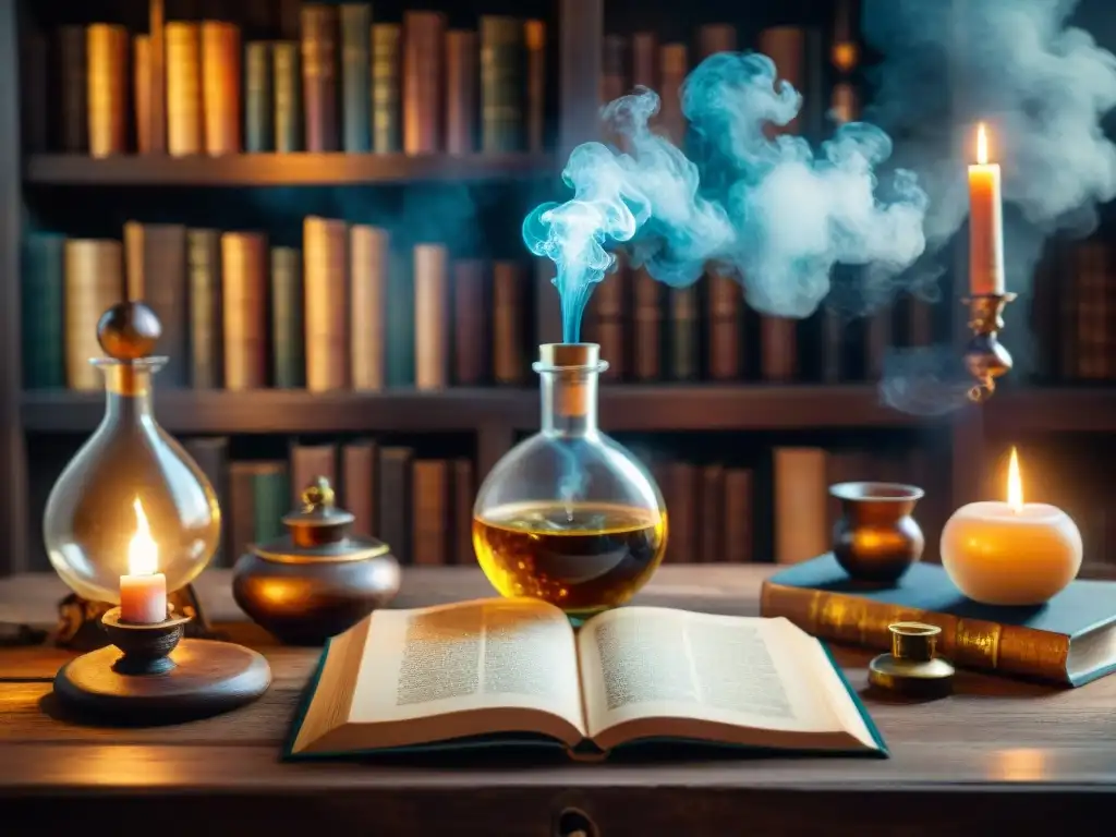 Un laboratorio alquímico misterioso con libros antiguos, pociones burbujeantes y un éter alquímico para bienestar integral