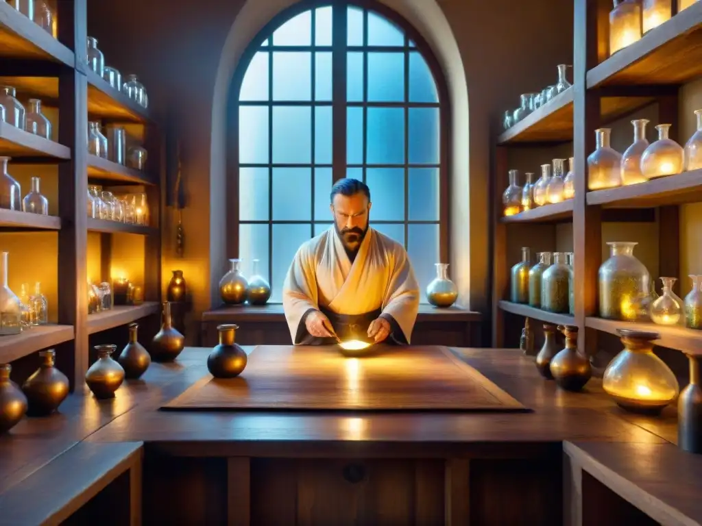 Un laboratorio alquímico místico con un alquimista mezclando elementos en un crisol brillante