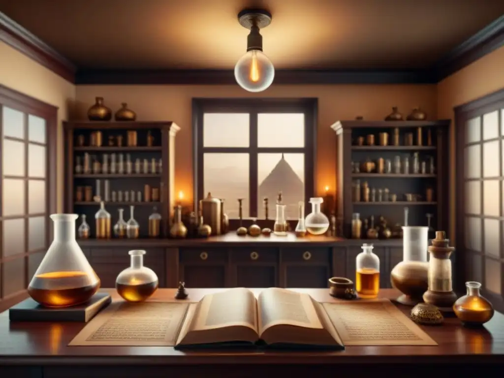 Laboratorio alquímico místico: ilustración detallada en sepia Un laboratorio alquímico místico con una atmósfera de conocimiento esotérico, en tonos sepia