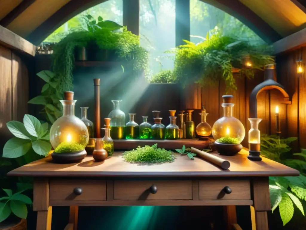 Laboratorio alquímico místico en el bosque: ilustración sepia detallada Un laboratorio alquímico místico en un bosque exuberante, lleno de frascos burbujeantes y hierbas misteriosas