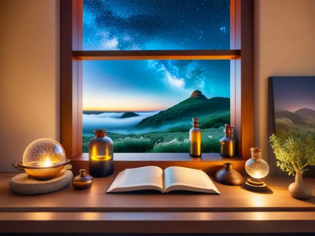 Laboratorio alquímico místico bajo un cielo estrellado, con instrumentos antiguos, hierbas y cristales, en tonos sepia