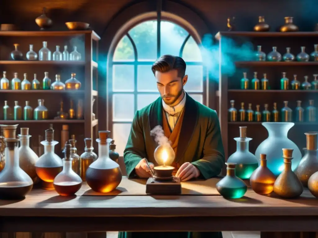 Laboratorio alquímico místico: sabiduría ancestral en ilustración sepia Un laboratorio alquímico místico con herramientas para bienestar psicológico en tonos sepia