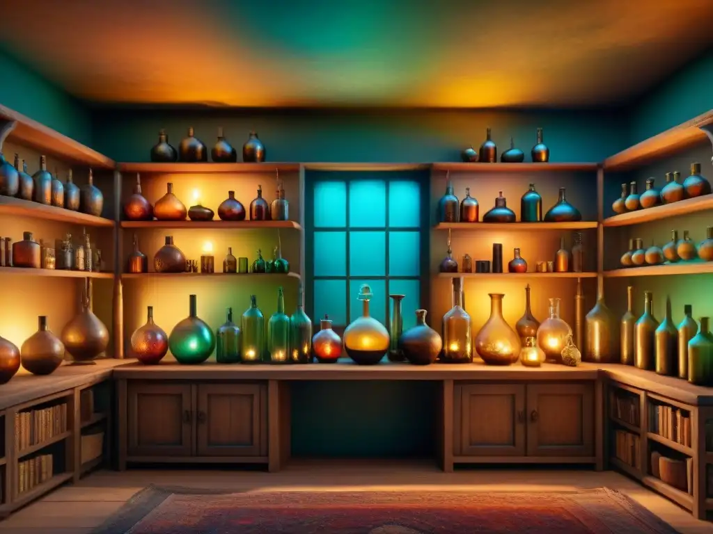 Un laboratorio alquímico místico iluminado por velas, con bebidas alquímicas de colores vibrantes y poderes misteriosos