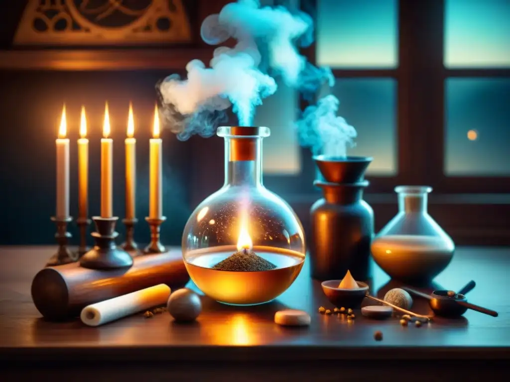 Un laboratorio alquímico místico iluminado por velas, con herramientas antiguas y mapas celestes