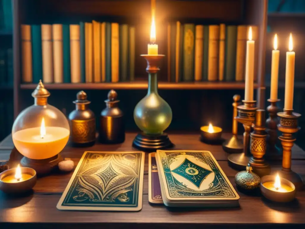 Un laboratorio alquímico místico con libros antiguos, pociones burbujeantes y símbolos, una baraja de tarot sobre una mesa de madera, iluminado por velas