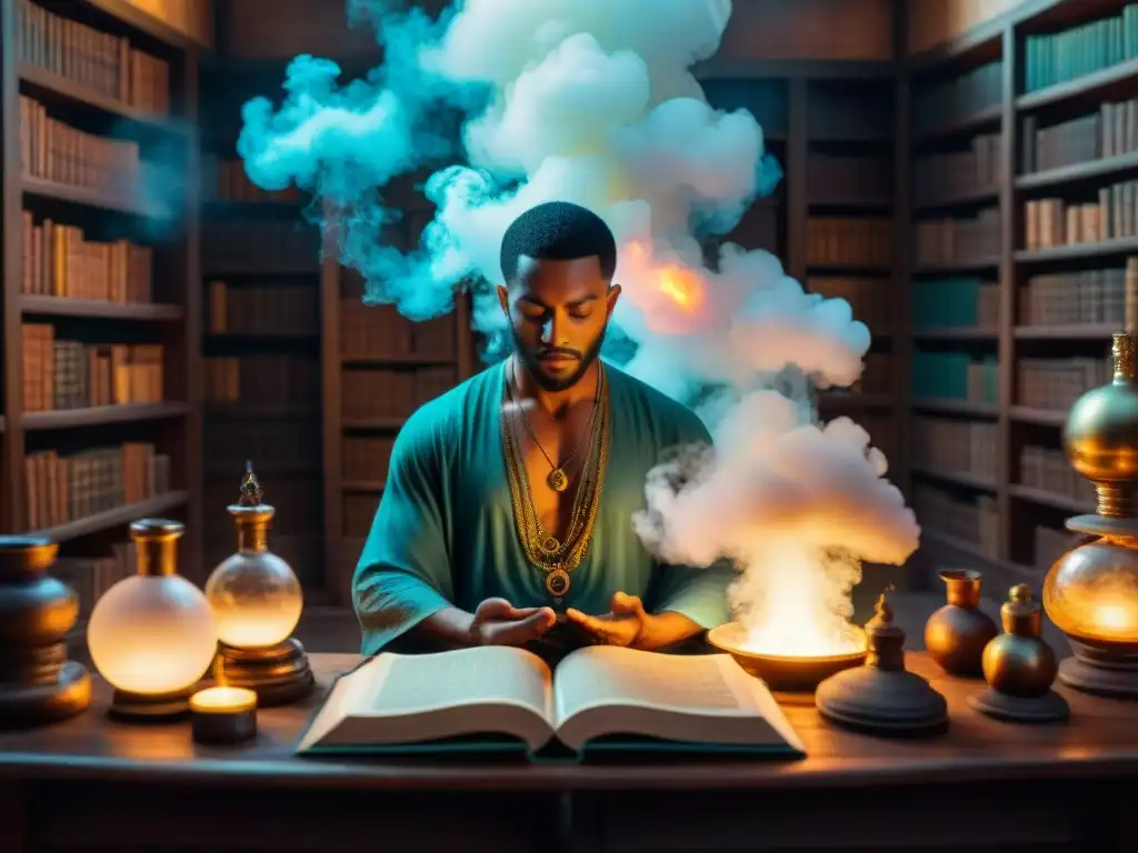 Un laboratorio alquímico místico con libros antiguos, orbes brillantes y humo, donde un ser medita en luz espiritual