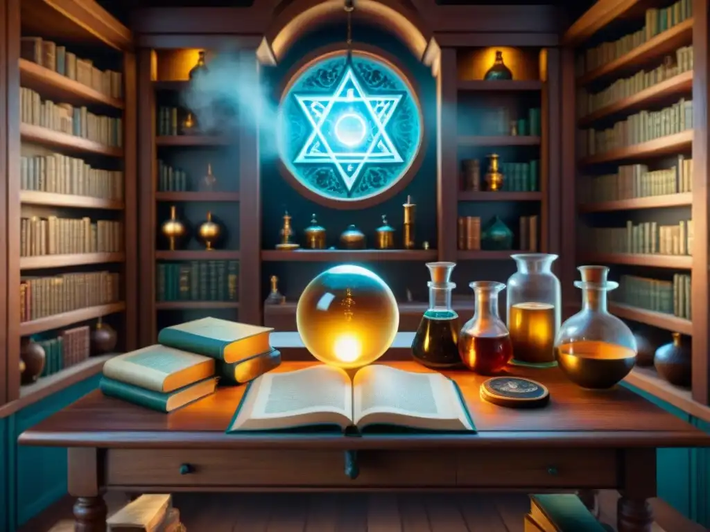 Laboratorio alquímico místico con detalles sepia Un laboratorio alquímico místico con libros antiguos, pociones burbujeantes y un misterioso orbe brillante en el centro