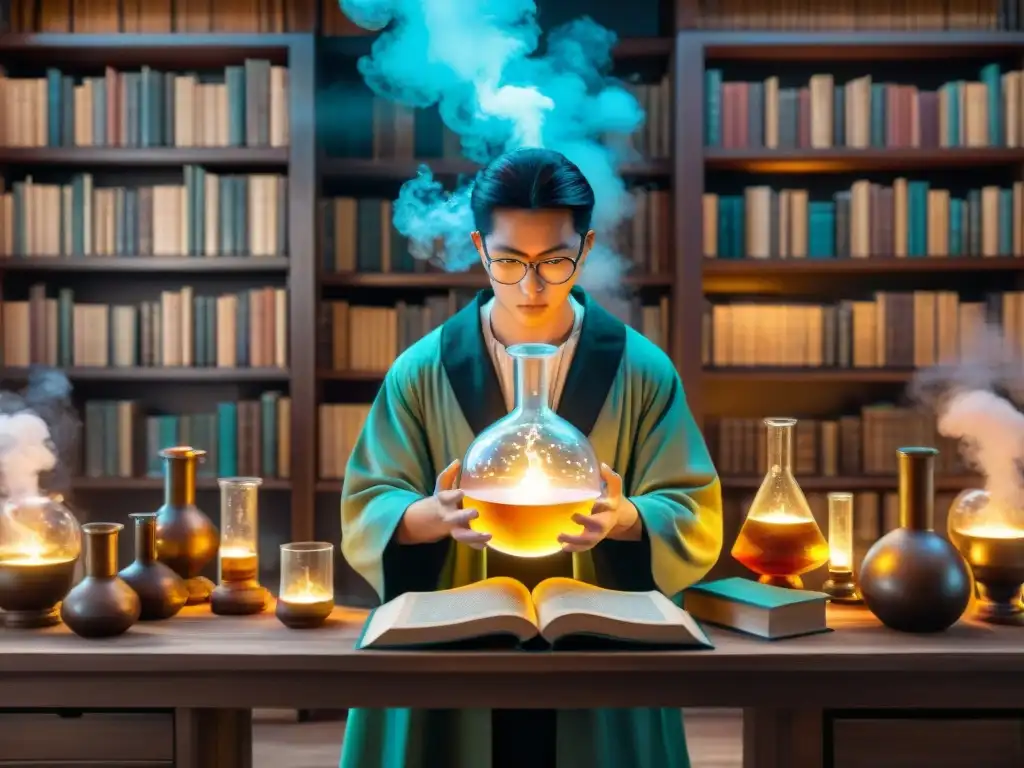 Alquimia mística en laboratorio manga Un laboratorio alquímico místico con libros antiguos y cristales brillantes