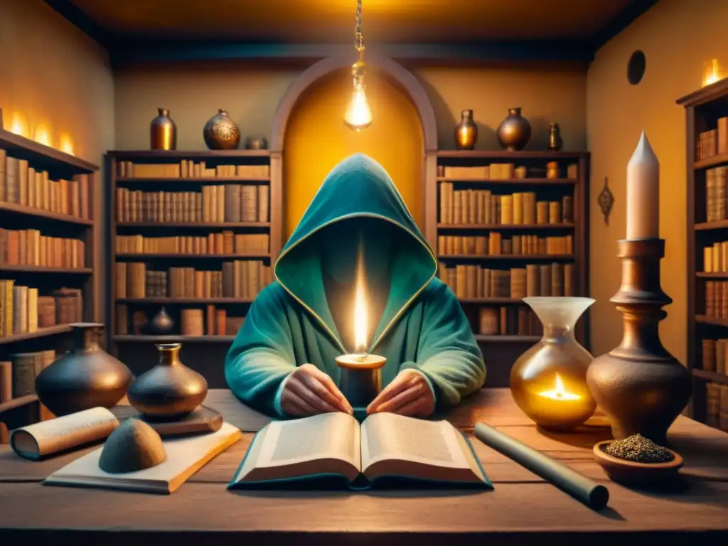 Un laboratorio alquímico místico con libros antiguos, pociones burbujeantes y luz de velas, evocando la alquimia en la literatura europea