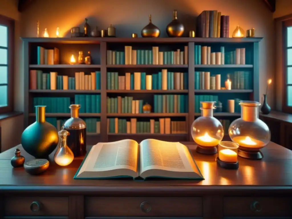 Laboratorio alquímico místico: libros antiguos, pociones y símbolos Un laboratorio alquímico místico con libros antiguos, pociones burbujeantes y símbolos alquímicos, iluminado por velas