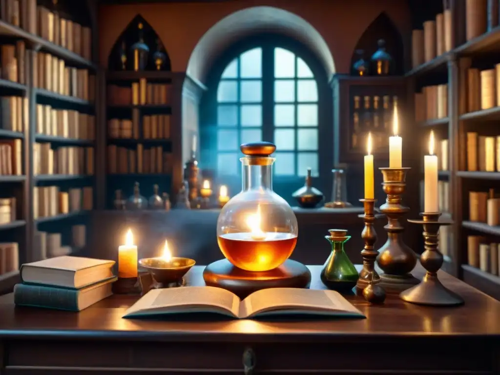 Laboratorio alquímico místico: magia y misterio Un laboratorio alquímico místico con libros antiguos, pociones burbujeantes y herramientas alquímicas, iluminado por velas