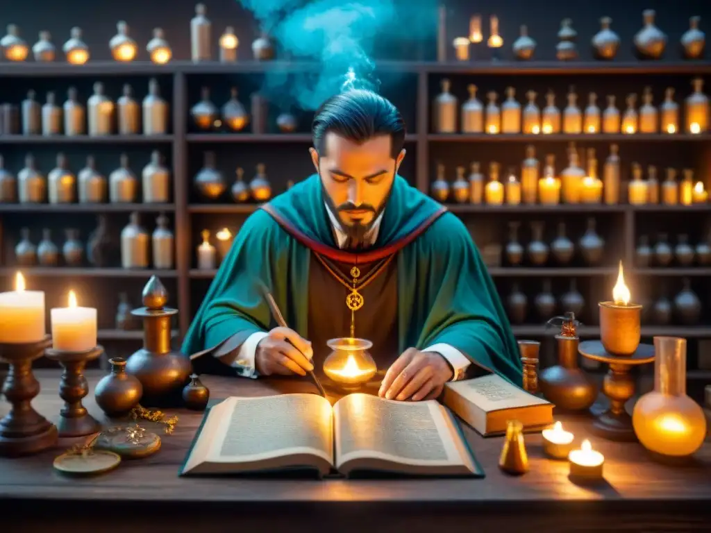 Una ilustración sepia intrincada de un laboratorio alquímico místico, con libros antiguos, pociones burbujeantes y herramientas alquímicas