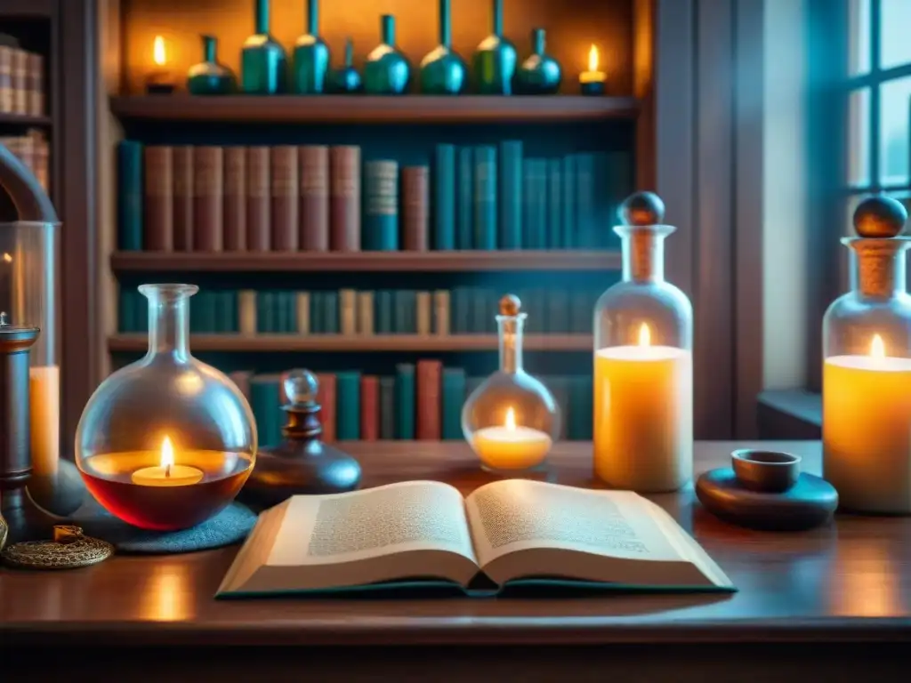 Un laboratorio alquímico místico con libros antiguos, pociones burbujeantes en frascos y luz de velas, evocando sabiduría ancestral