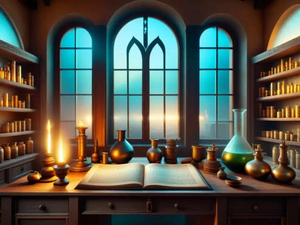 Un laboratorio alquímico místico lleno de detalles, pergaminos antiguos y pociones burbujeantes, iluminado por rayos etéreos