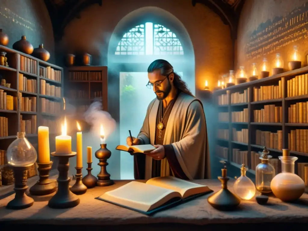 Alquimia ancestral: laboratorio místico de un alquimista Un laboratorio alquímico místico, lleno de libros antiguos y símbolos, donde una figura vierte líquido brillante entre frascos, iluminada por velas