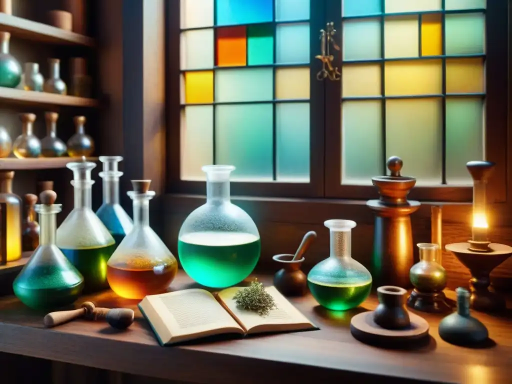 Un laboratorio alquímico místico lleno de secretos para piel radiante, con libros antiguos, ingredientes botánicos y luz cálida