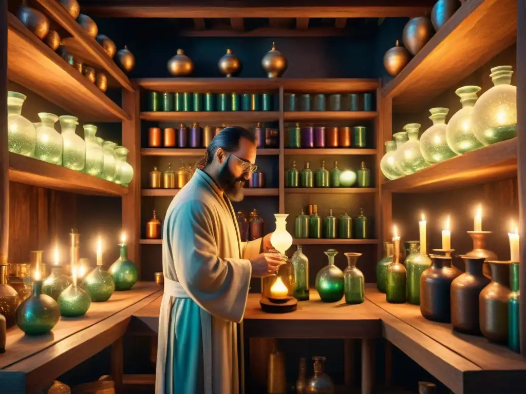 Alquimia ancestral: laboratorio místico y sabio alquimista Un laboratorio alquímico místico lleno de sabiduría e historia, capturando la importancia de la alquimia en la medicina alternativa