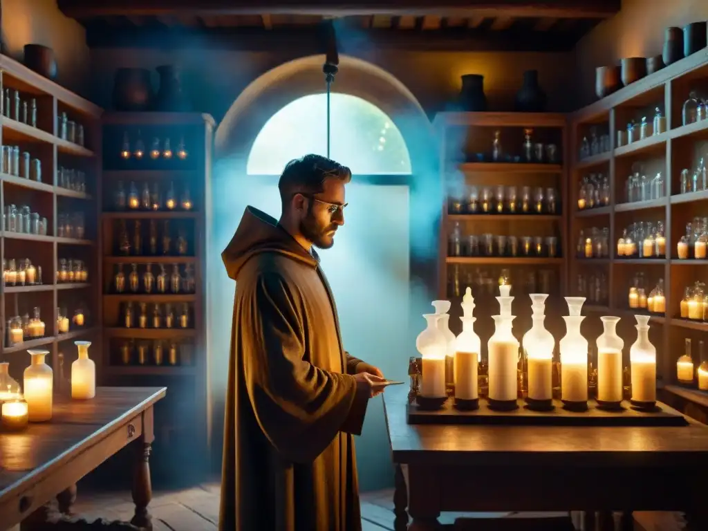 Un laboratorio alquímico místico lleno de bebederos burbujeantes, antiguos textos y una figura misteriosa en capa, realizando una transformación alquímica a través del arte, iluminado por la luz de velas