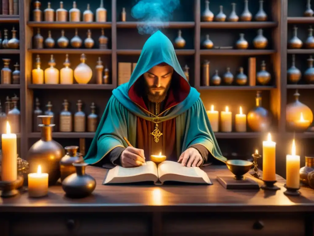 Un laboratorio alquímico místico con pociones burbujeantes, manuscritos antiguos y aparatos alquímicos