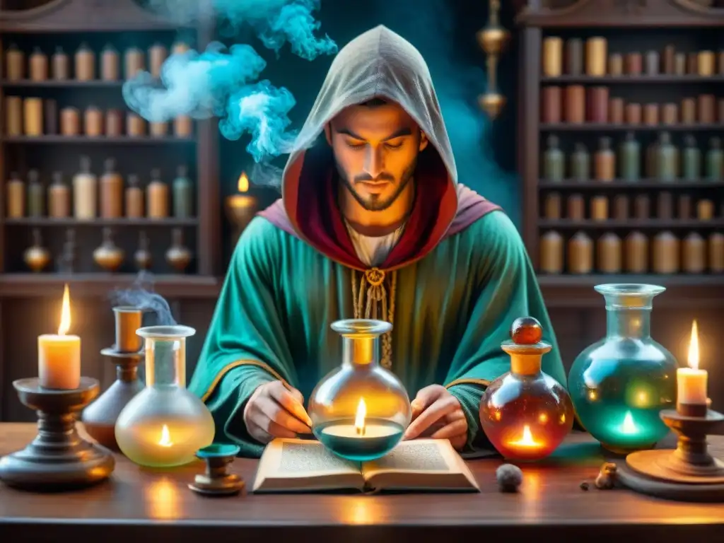 Un laboratorio alquímico místico con pociones coloridas, libros antiguos y velas encendidas