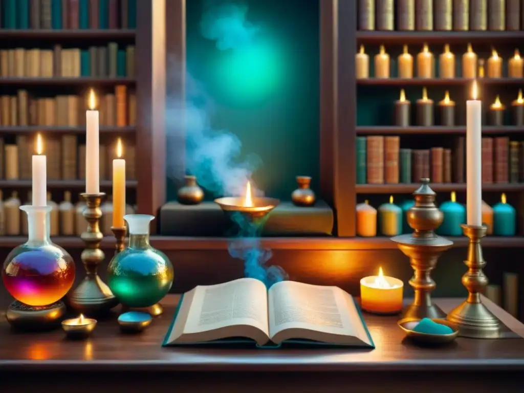 Un laboratorio alquímico místico, repleto de libros antiguos, frascos de colores, velas encendidas y un cuenco de bronce