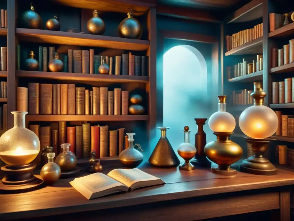 Alquimia ancestral: laboratorio místico con pociones y símbolos Un laboratorio alquímico místico con sabiduría ancestral, pociones burbujeantes y una atmósfera de descubrimientos medicinales
