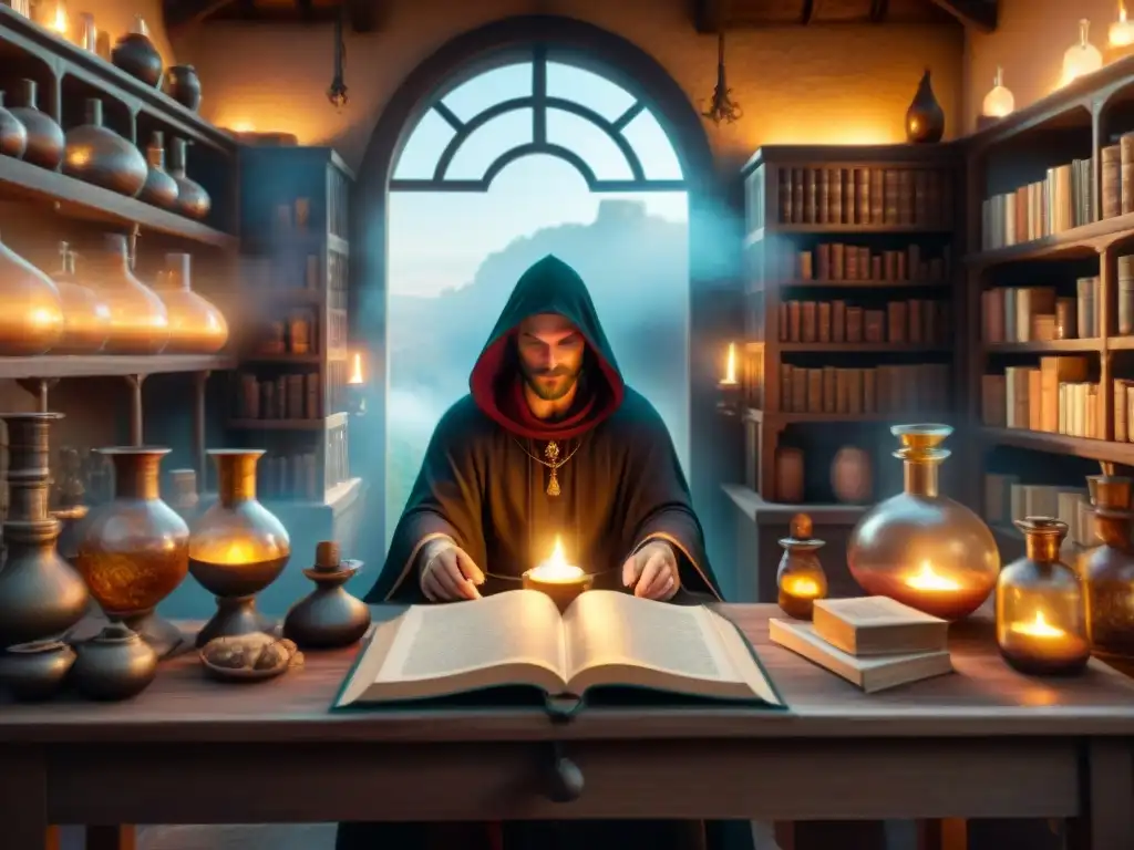 Alquimia ancestral: laboratorio místico y sereno Un laboratorio alquímico místico y sereno, con herramientas para bienestar psicológico