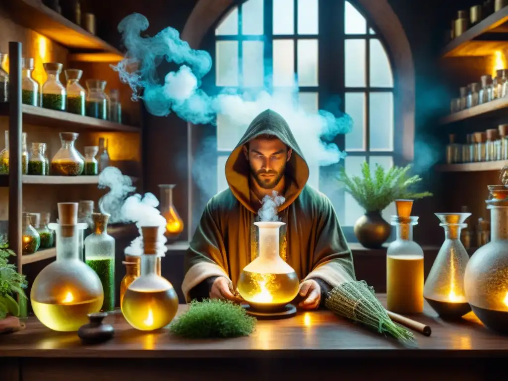 Un laboratorio alquímico místico con serums faciales naturales, bebederos burbujeantes y figuras en capucha