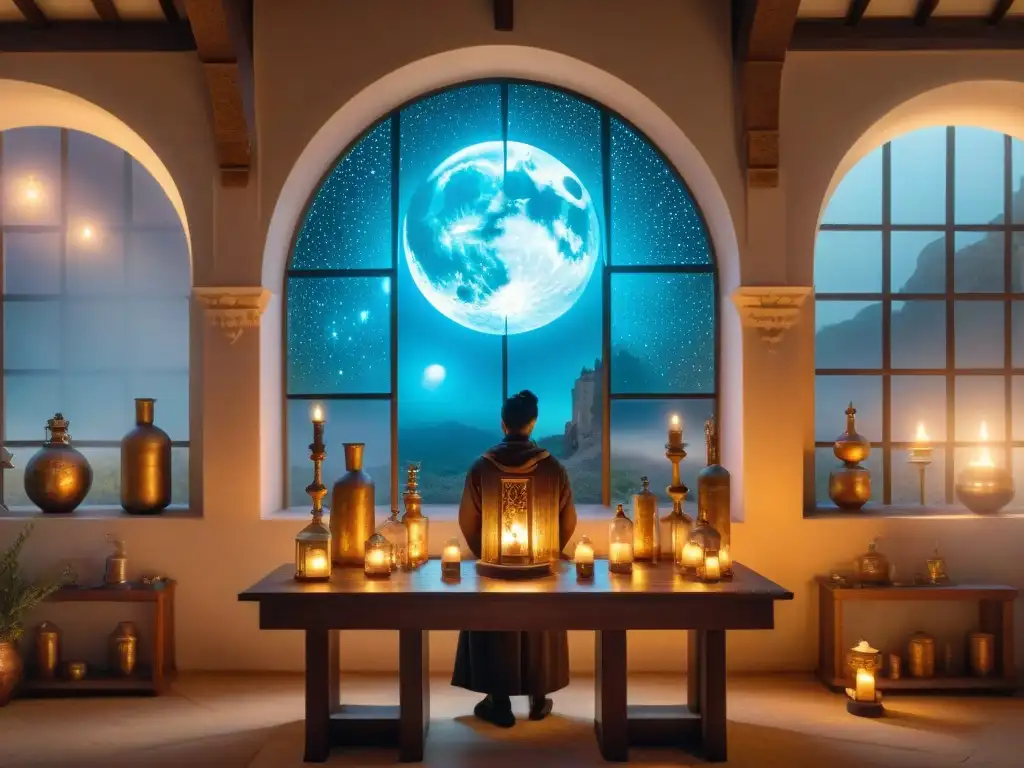 Laboratorio alquímico místico con figuras y símbolos antiguos Un laboratorio alquímico místico con símbolos antiguos, velas y una figura en la luz de la luna