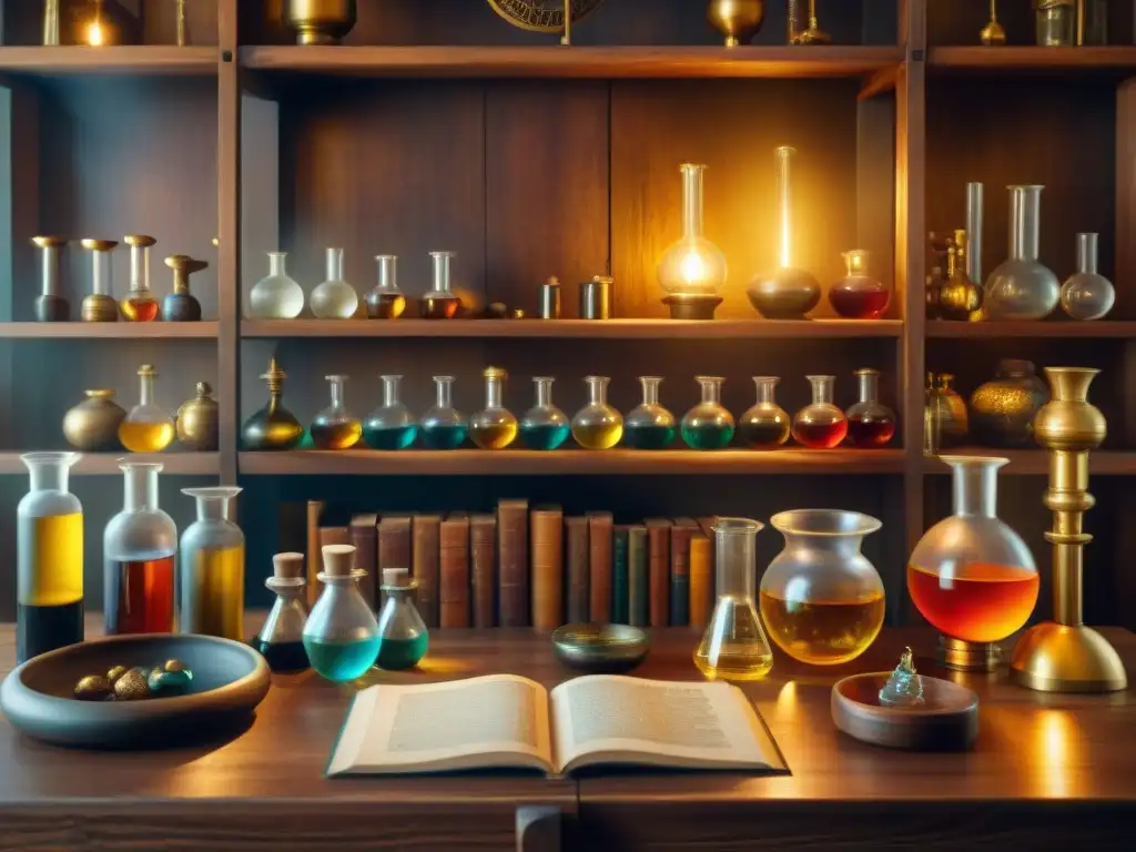 Místico laboratorio de alquimia con símbolo dorado Un laboratorio alquímico místico y tranquilo, con manuscritos antiguos, frascos de líquidos y símbolos en la pared