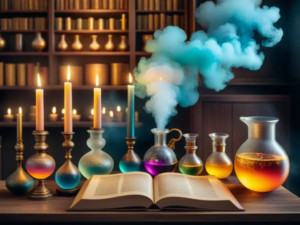 Un laboratorio alquímico místico con velas, libros antiguos y alquimia en sepia