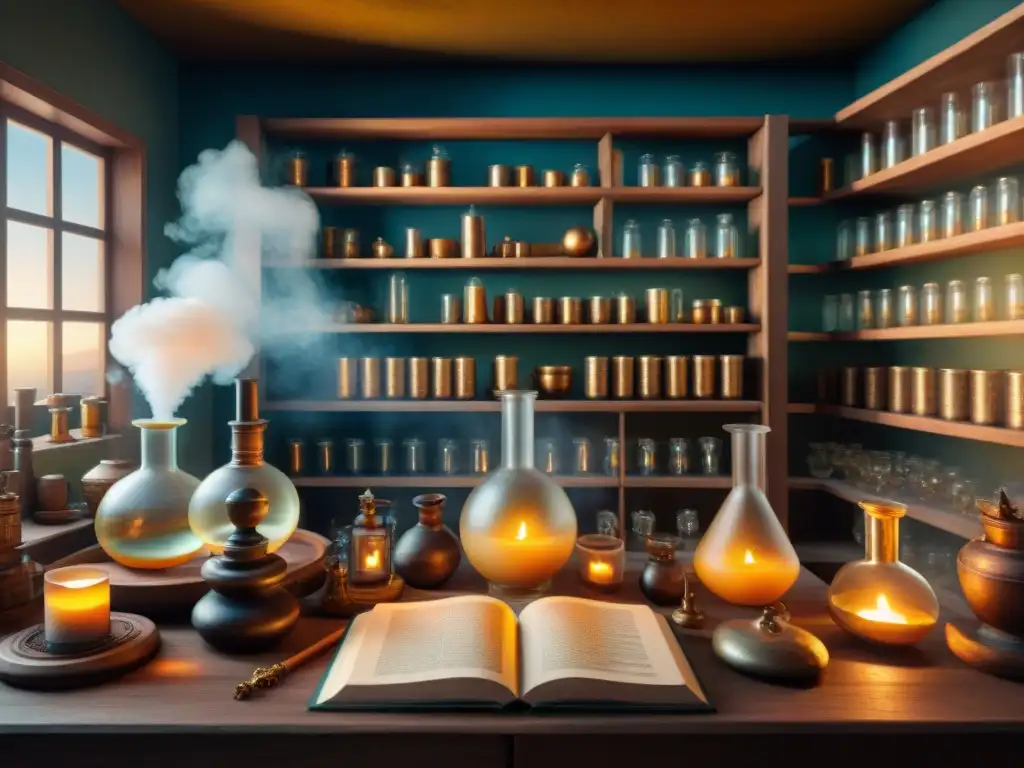 Un laboratorio alquímico místico con velas titilantes, libros antiguos y humo misterioso