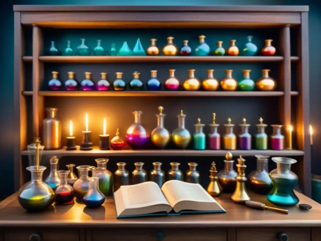 Un laboratorio alquímico moderno con estantes llenos de frascos de líquidos coloridos, libros antiguos y herramientas, iluminado por velas