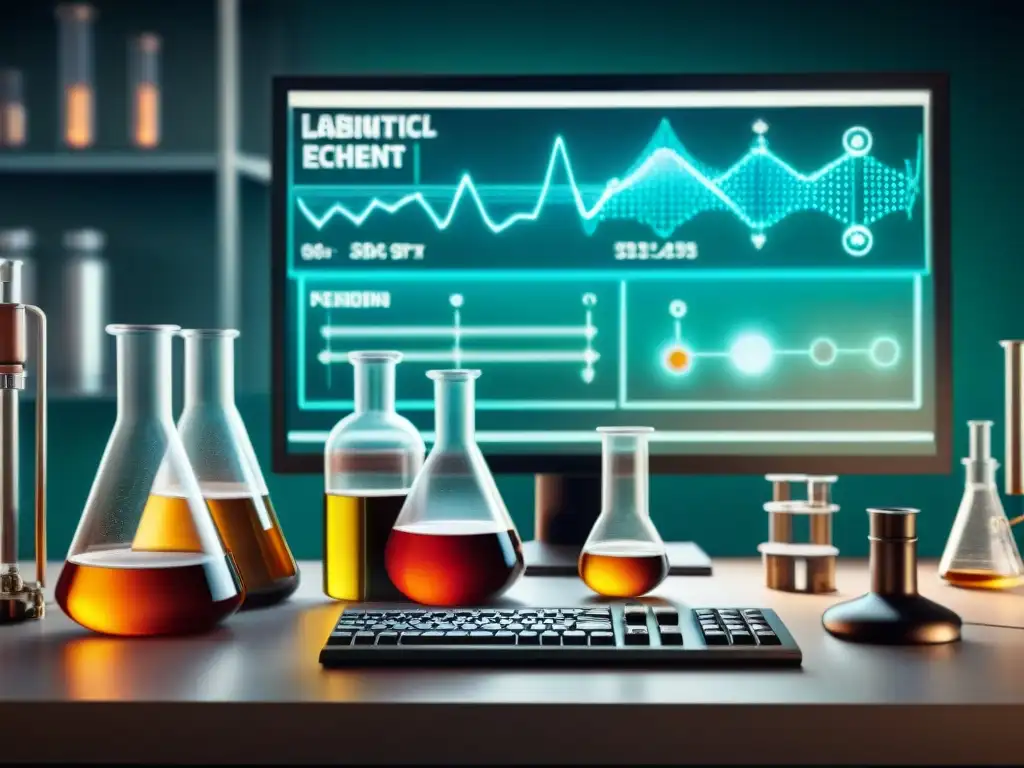 Un laboratorio alquímico moderno con software de simulación, combinando lo antiguo con lo tecnológico