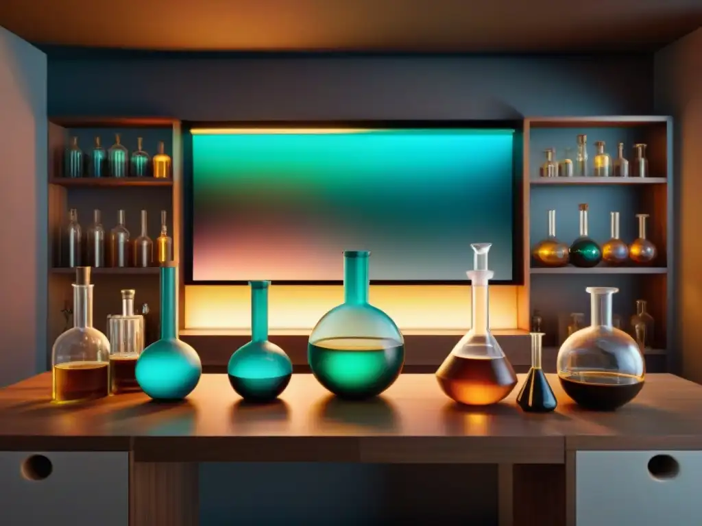 Alquimia virtual: laboratorio ancestral y tecnología de vanguardia Un laboratorio alquímico moderno con software de simulación, fusionando lo antiguo con lo nuevo