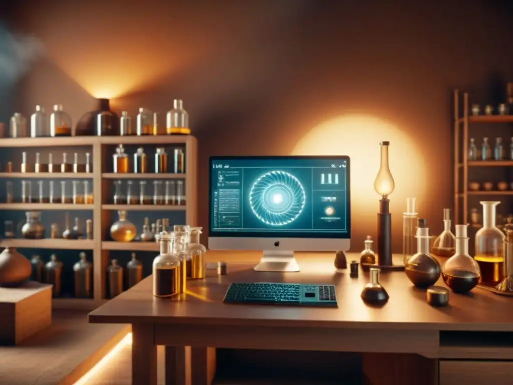 Laboratorio alquímico digital: fusión de tradición y tecnología Un laboratorio alquímico moderno fusiona tecnología y tradición