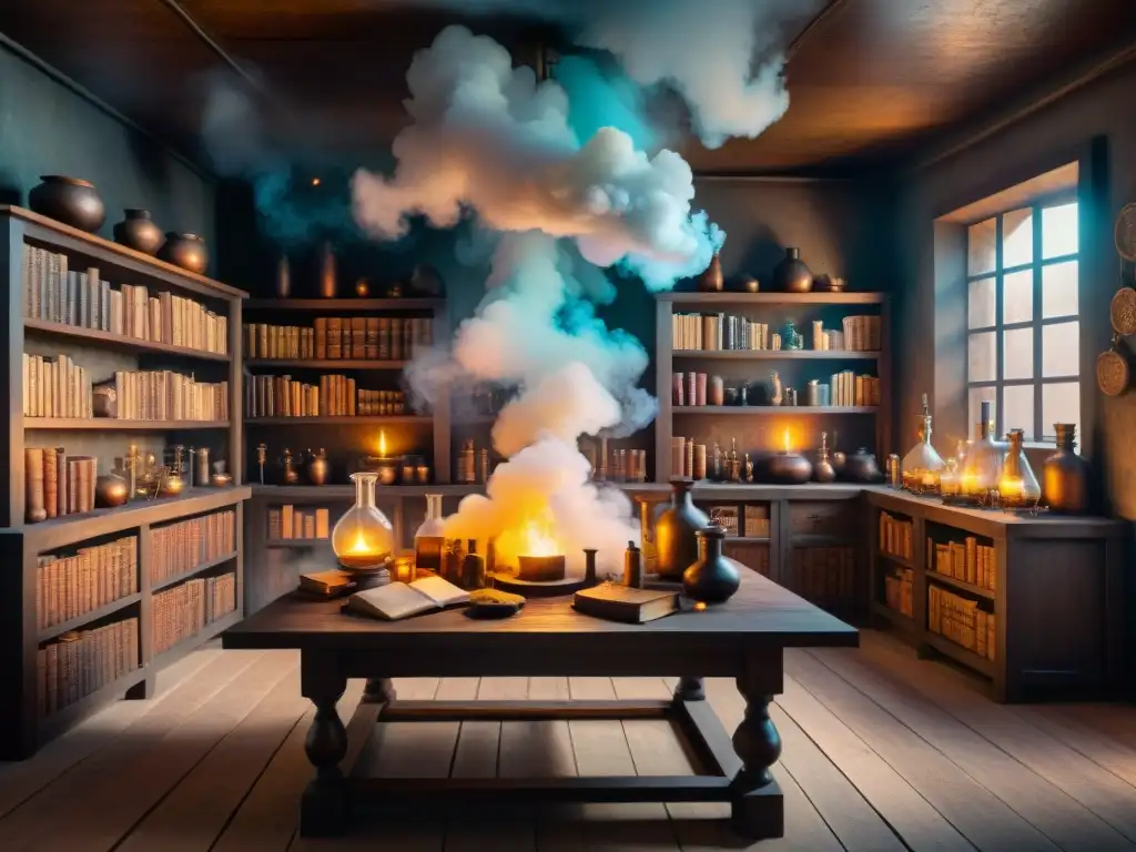 Alquimia en la penumbra: laboratorio secreto y místico En un laboratorio alquímico subterráneo, prácticas secretas alquimistas se revelan entre libros antiguos y pociones burbujeantes