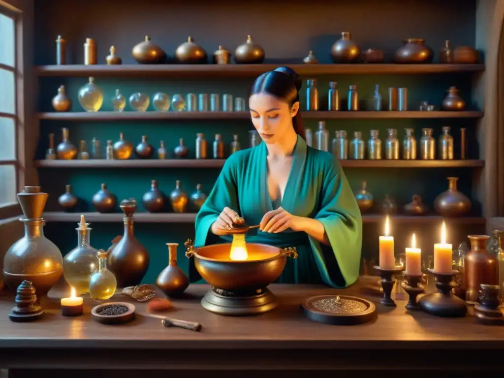 Un laboratorio alquímico renacentista con pociones burbujeantes, pergaminos antiguos y cristales brillantes, iluminado por velas