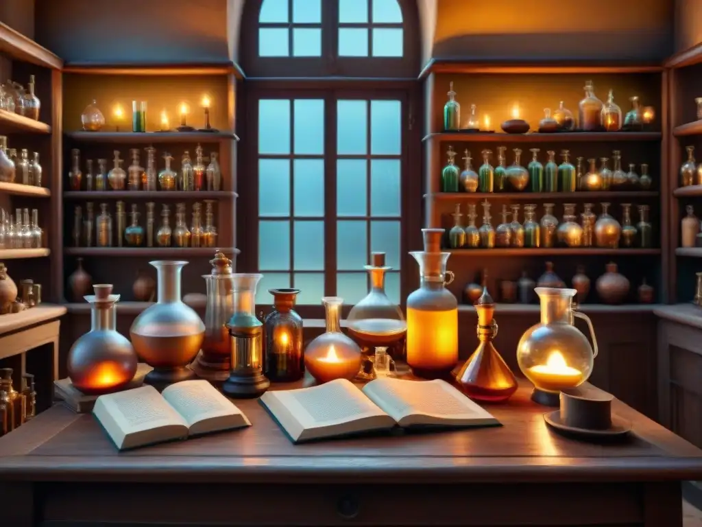 Laboratorio alquímico renacentista: misterio y transformación Un laboratorio alquímico del Renacimiento reinventa la sabiduría con cristalería, libros polvorientos y luz de velas