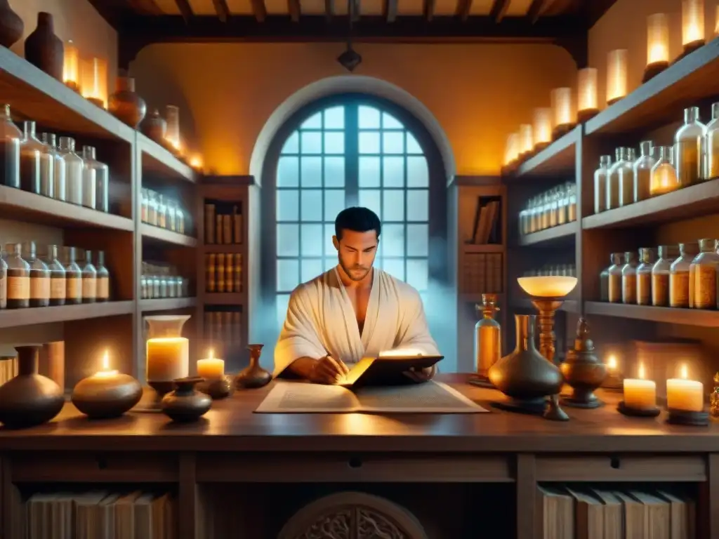 Hermes Trismegisto en un laboratorio alquímico rodeado de libros antiguos y pociones, evocando la historia y figuras icónicas de la alquimia