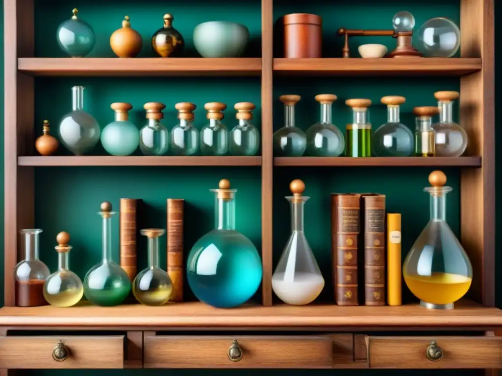 Laboratorio alquímico vintage: misterio y conocimiento Montar laboratorio alquímico seguro con aparatos de vidrio, antiguos tomos y místicos ingredientes en estantes de madera