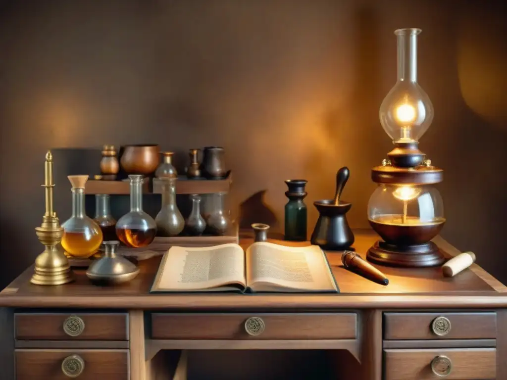 Escritorio vintage alquímico: misterio en sepia Un laboratorio alquímico seguro en sepia: un escritorio de madera vintage con alquimia y manuscritos antiguos, en una habitación tenue