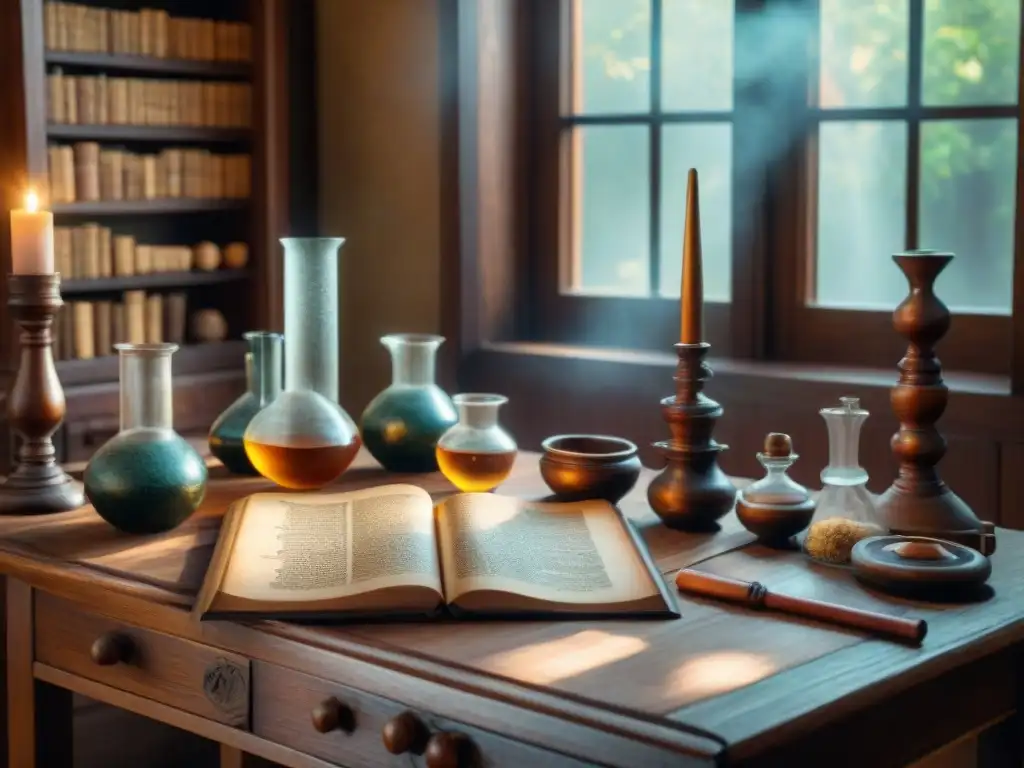 Mesa alquímica antigua con herramientas místicas Monta laboratorio alquímico seguro con herramientas antiguas en mesa rústica iluminada por el sol