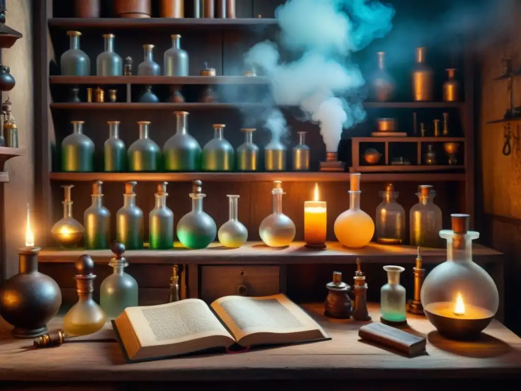Laboratorio alquímico vintage: misterio y sabiduría ancestral Monta laboratorio alquímico seguro en misterioso taller vintage con libros antiguos, frascos burbujeantes y símbolos místicos