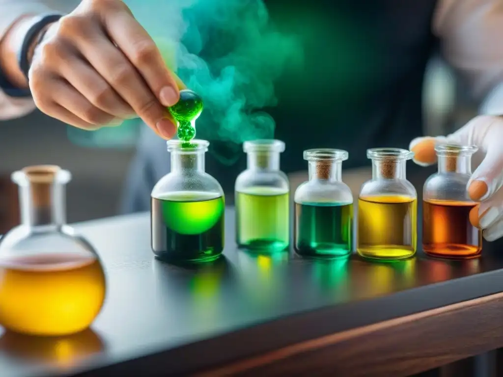 Alquimia mística: manos gloved vierten líquidos coloridos en laboratorio Un laboratorio alquímico seguro montado, con manos enguantadas manejando frascos de líquidos coloridos en un ambiente místico